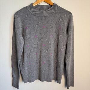 Aaeda Womens XL Gray‎ Knit Sweater Purple Flower Embroidered Mock Neck Pullover